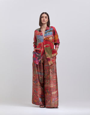 Palazzo Pants Silk Brocade Zig Zag Crimson