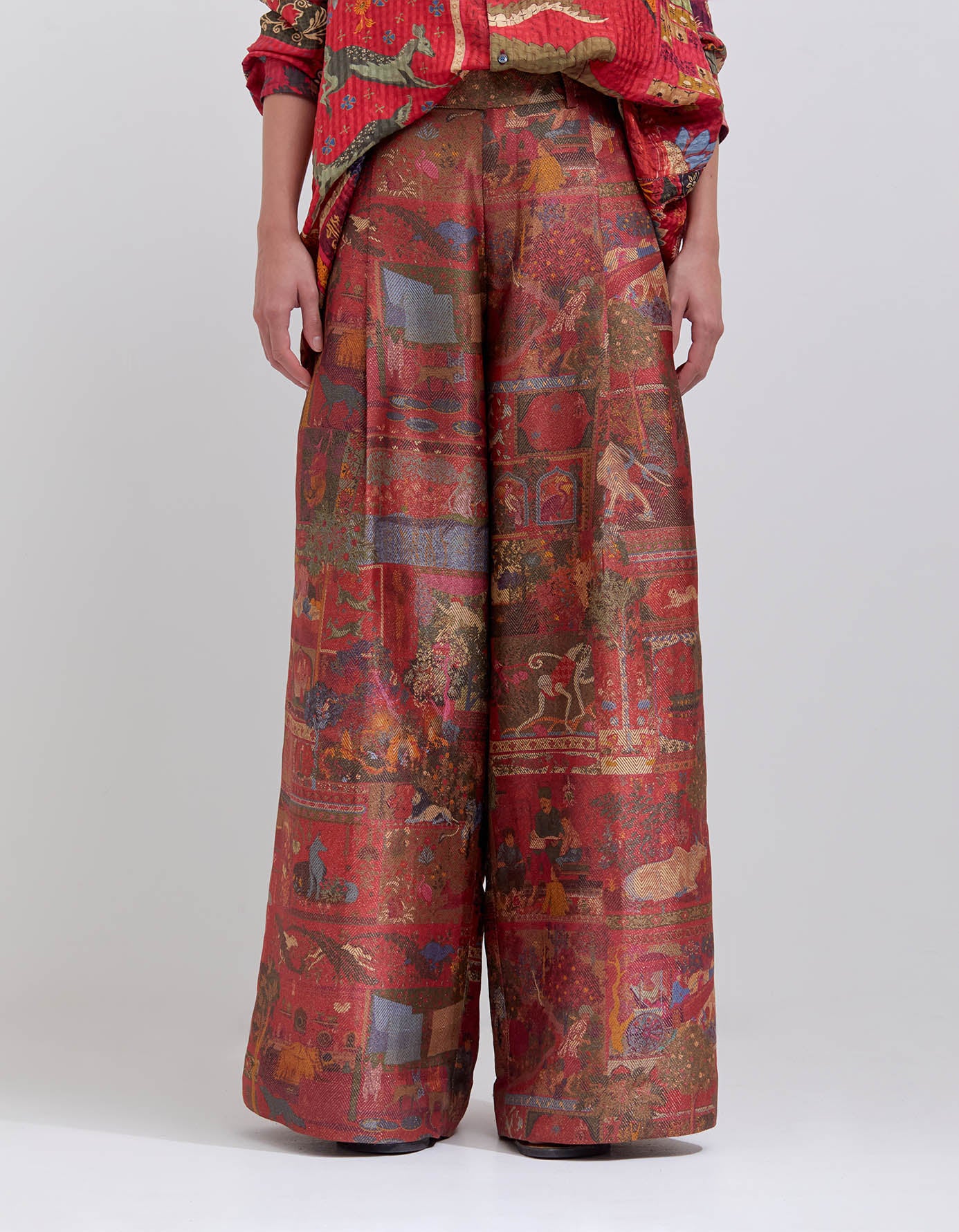 Palazzo Pants Silk Brocade Zig Zag Crimson