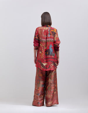 Palazzo Pants Silk Brocade Zig Zag Crimson