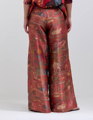 Palazzo Pants Silk Brocade Zig Zag Crimson