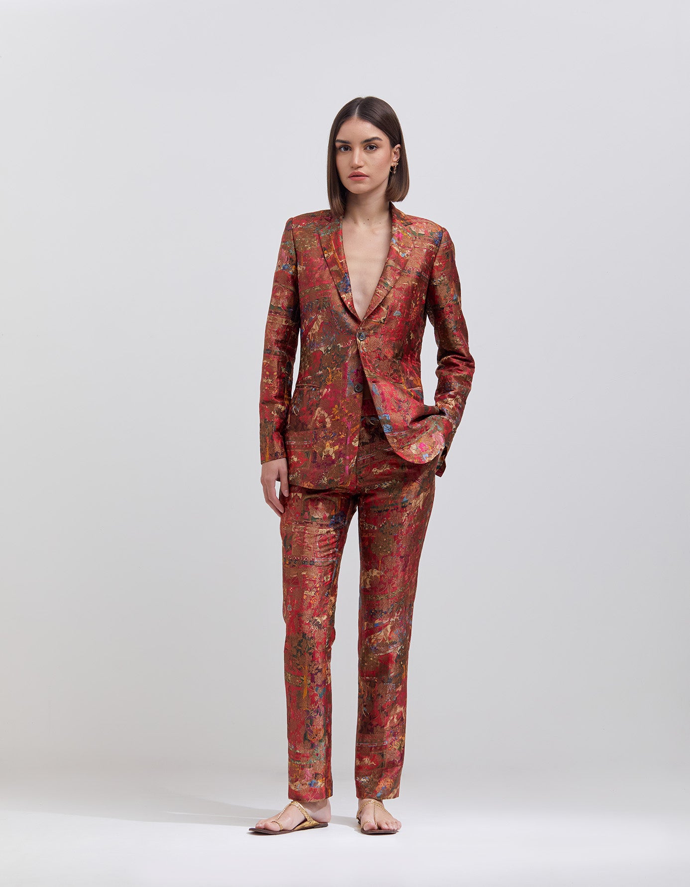 Boot Cut Trousers Silk Brocade Crimson