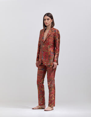 Boot Cut Trousers Silk Brocade Crimson