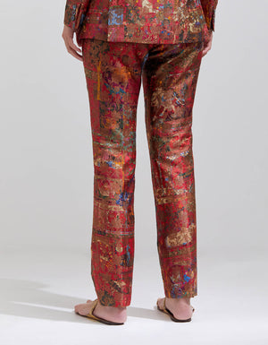 Boot Cut Trousers Silk Brocade Crimson