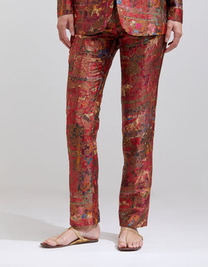 Boot Cut Trousers Silk Brocade Crimson