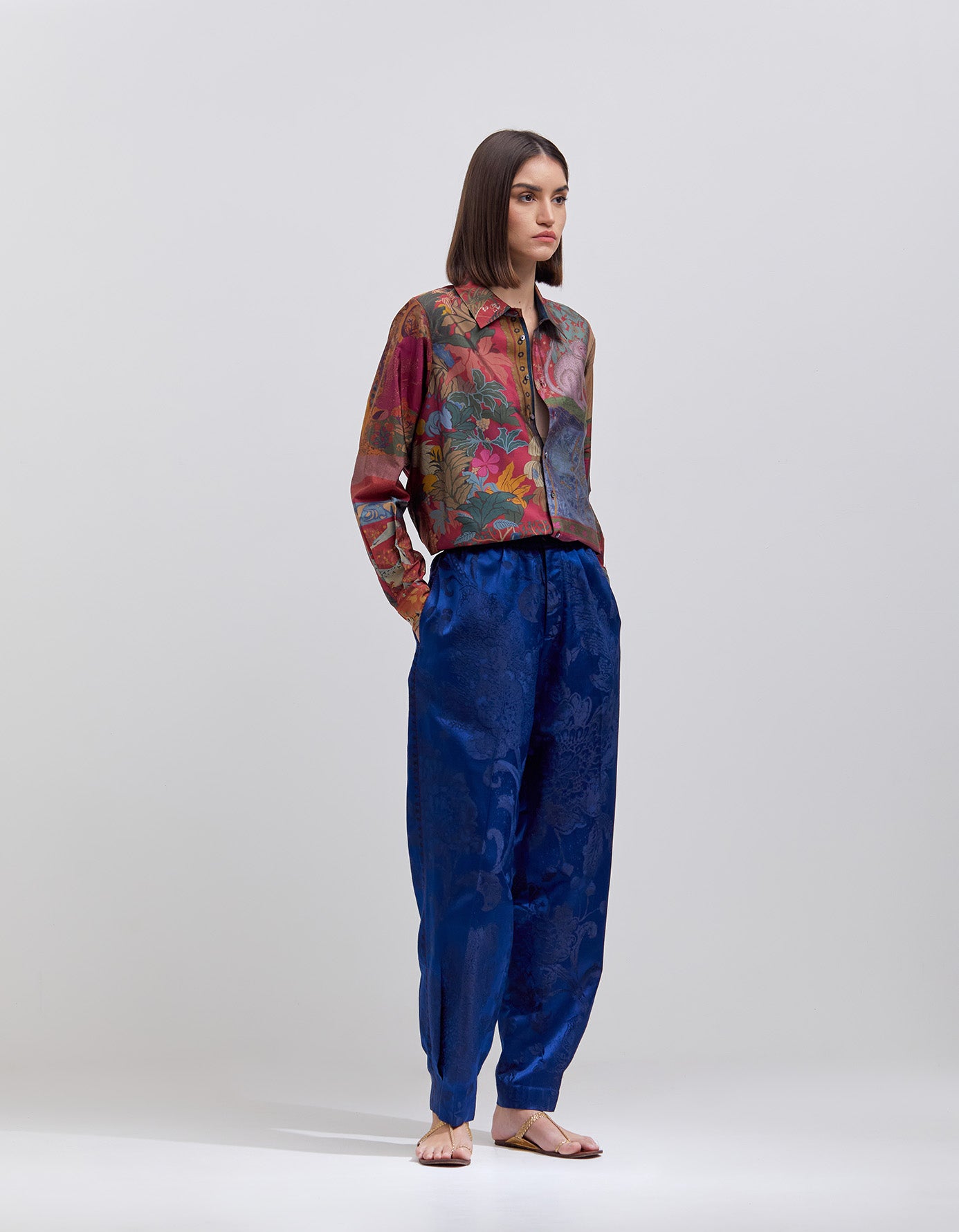 Bottom Pleat Trousers Silk Damask Ink Blue