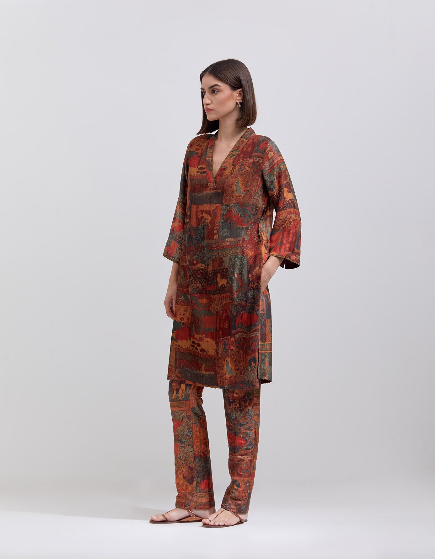 Boot Cut Trousers Silk Brocade Terracotta