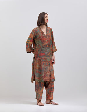 Damini Kurta Muga Satin Terracotta Panchatantra