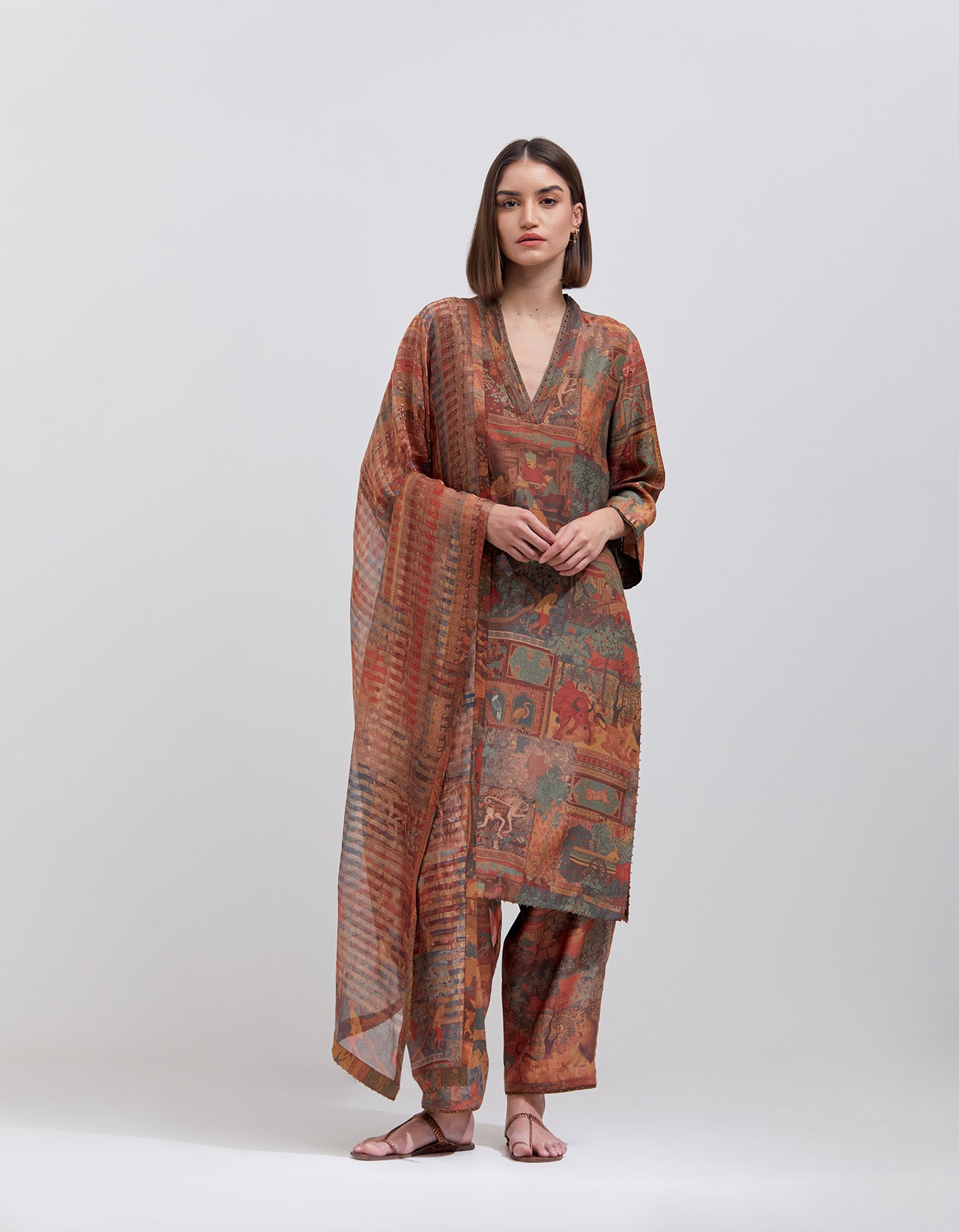 Aisha Salwar Muga Satin Terracotta