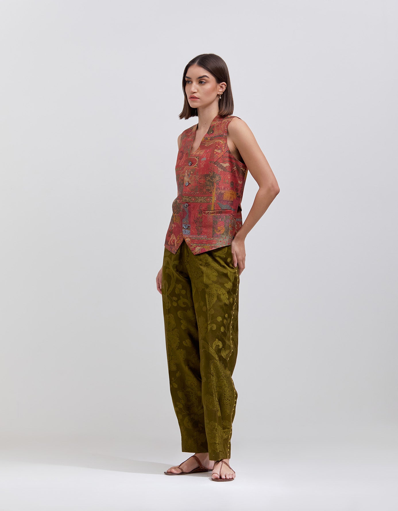 Bottom Pleat Trousers Silk Damask Olive