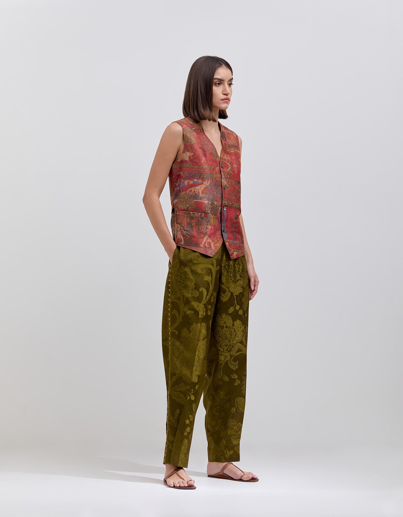 Bottom Pleat Trousers Silk Damask Olive