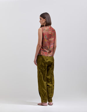 Bottom Pleat Trousers Silk Damask Olive