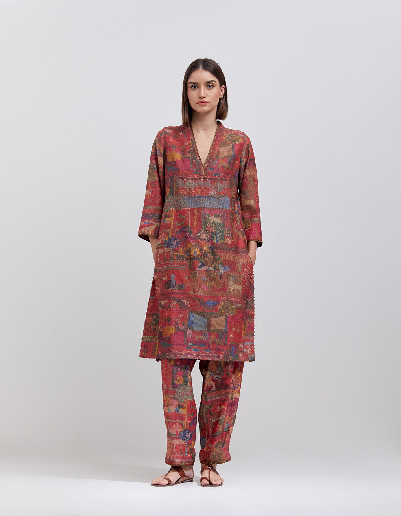 Damini Kurta Muga Satin Crimson