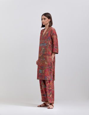 Damini Kurta Muga Satin Crimson