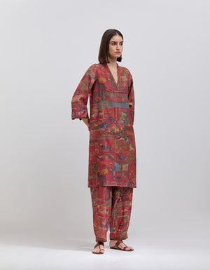 Damini Kurta Muga Satin Crimson