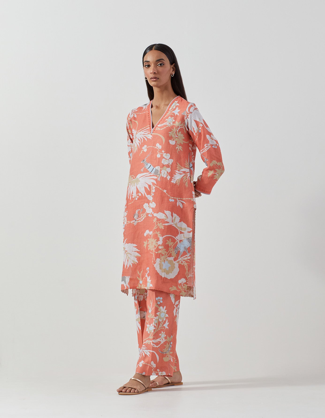 V Neck Kurta Linen Coral