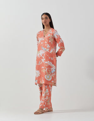 V Neck Kurta Linen Coral