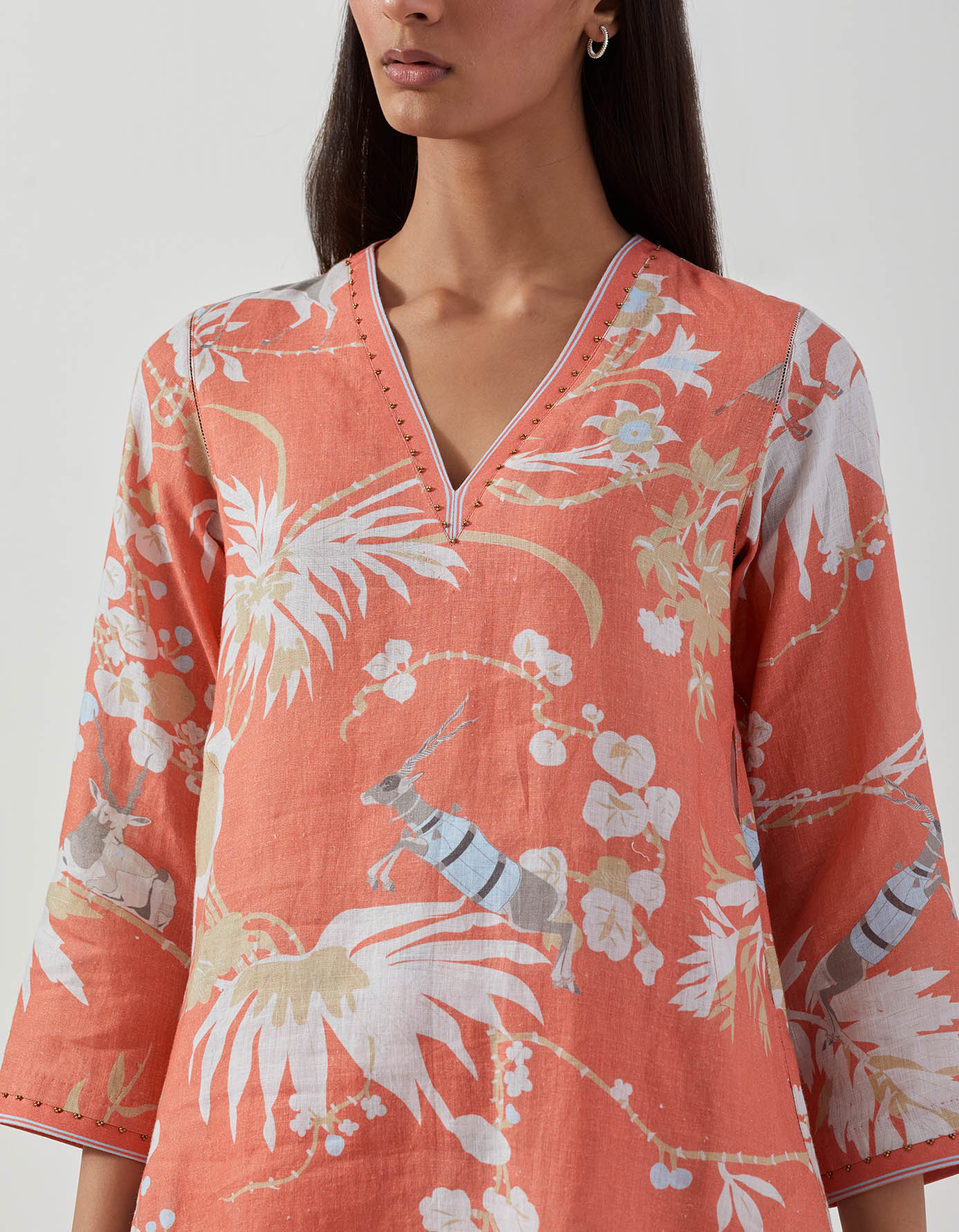 V Neck Kurta Linen Coral