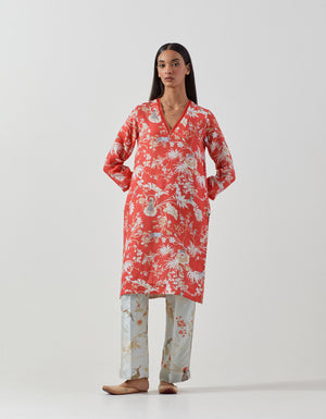 V Neck Kurta Linen Coral Red