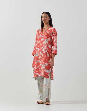 V Neck Kurta Linen Coral Red