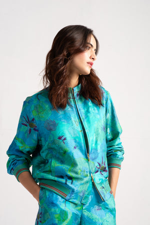 Janbaaz Bomber Jacket Silk Damask Aqua