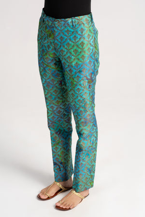 Boot Cut Trousers Silk Brocade Aqua