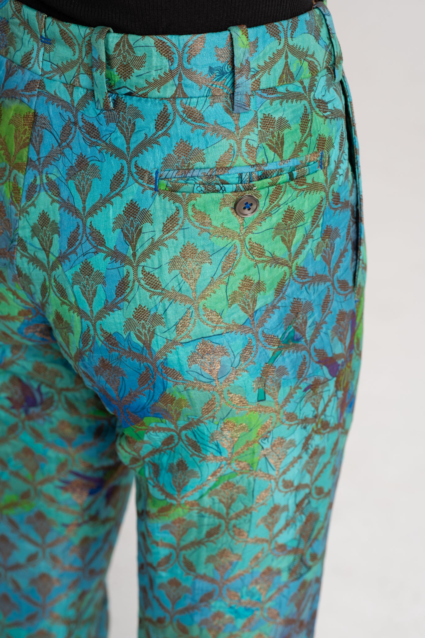 Boot Cut Trousers Silk Brocade Aqua