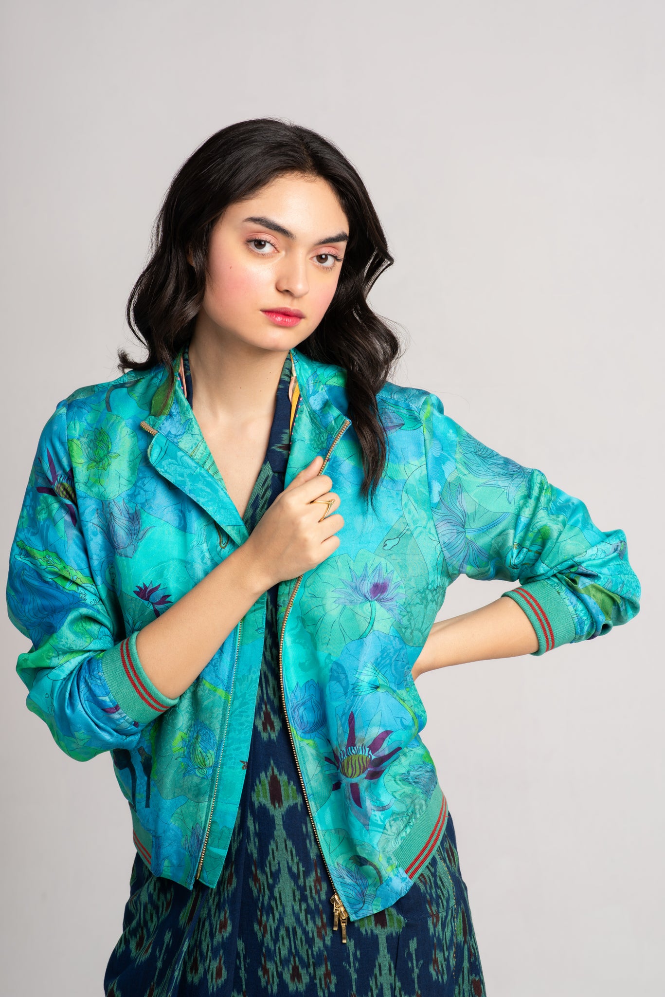 Janbaaz Bomber Jacket Silk Damask Aqua