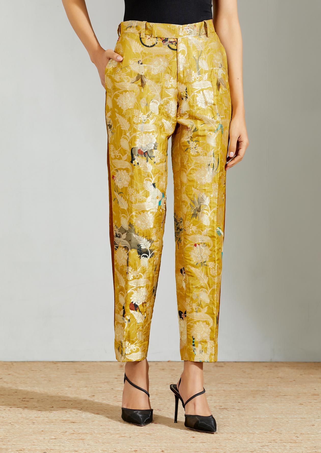 Sage Green Silk Brocade Trousers Design by SUKETDHIR at Pernia's